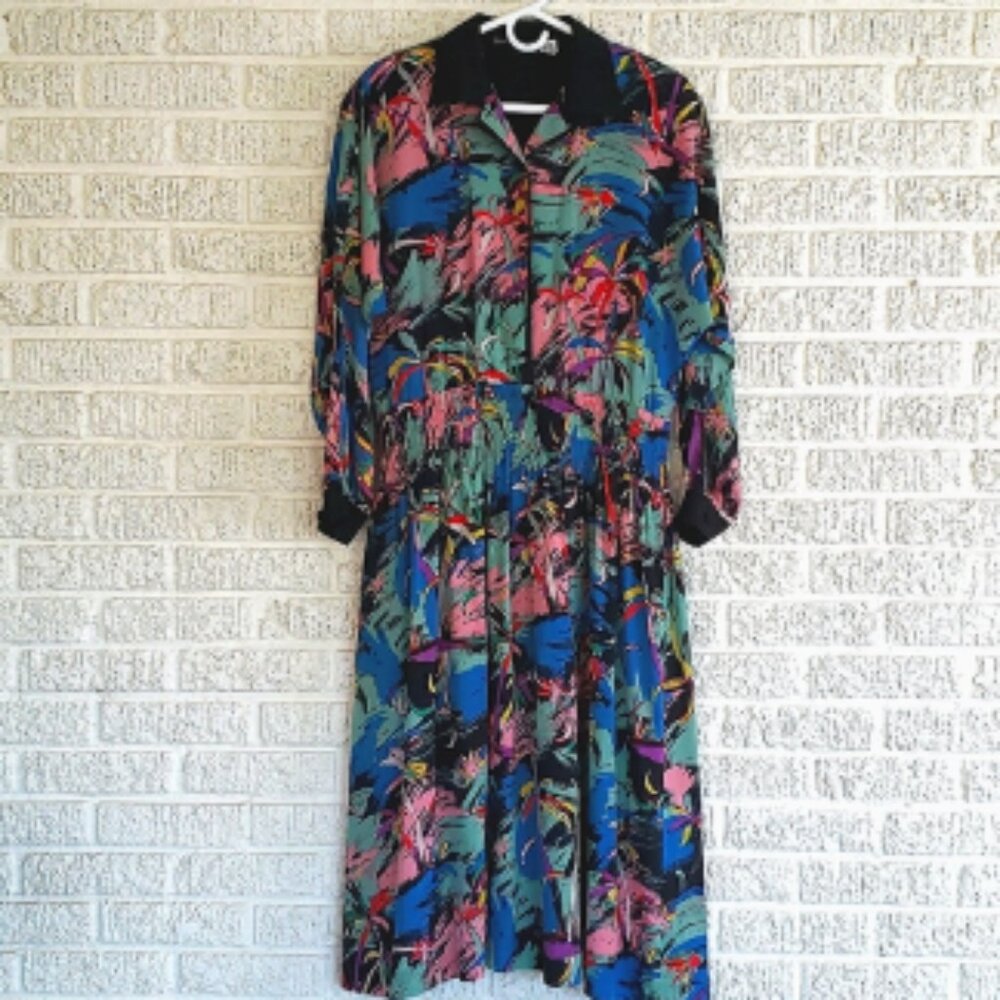 80s Vintage Silk Tropical Print Shirt Dress